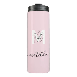 Beauty Blush Pink & Women Face Line Art Monogram Thermal Tumbler