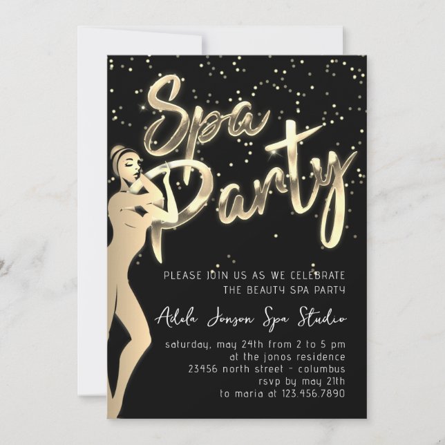 Beauty Body SPA Party Instant Download Gold Black  Invitation (Front)