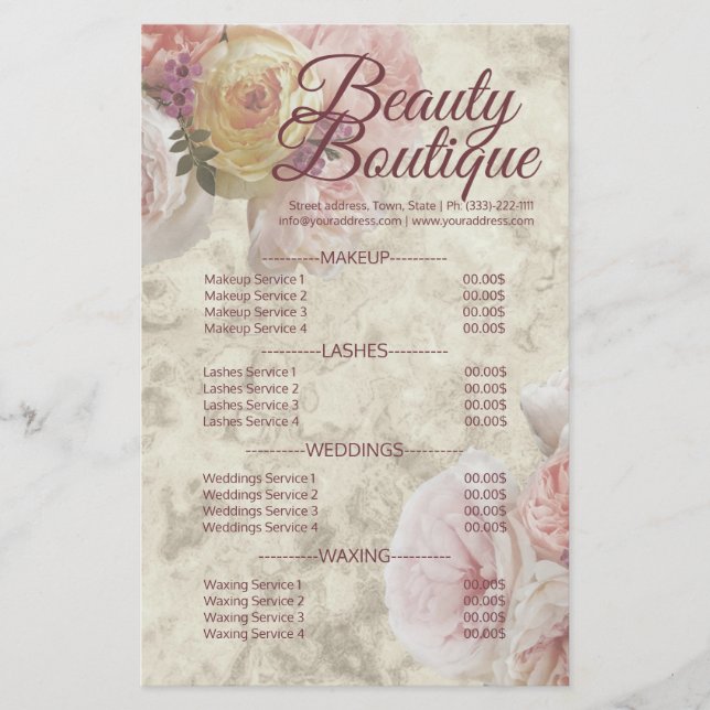 Beauty Boutique Cream Flower Elegant Price List Flyer (Front)
