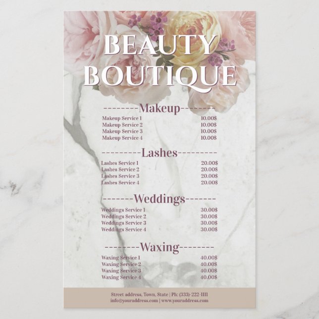 Beauty Boutique Marble Flower Price List Flyer (Front)