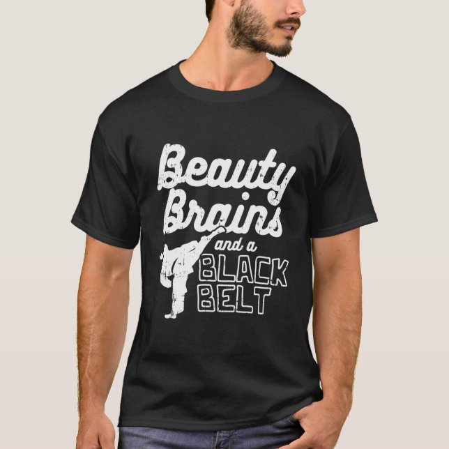 Beauty Brains Black Belt Ponytail Kick Taekwondo T-Shirt (Front)