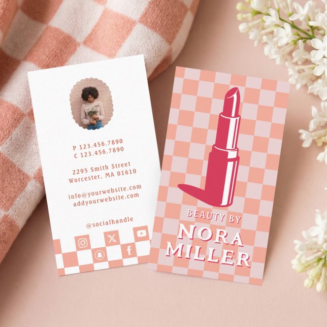 Beauty By Retro Pink Checkerboard Lipstick Makeup Business Card (Beauty By Retro Pink Checkerboard Lipstick Makeup Business Card)