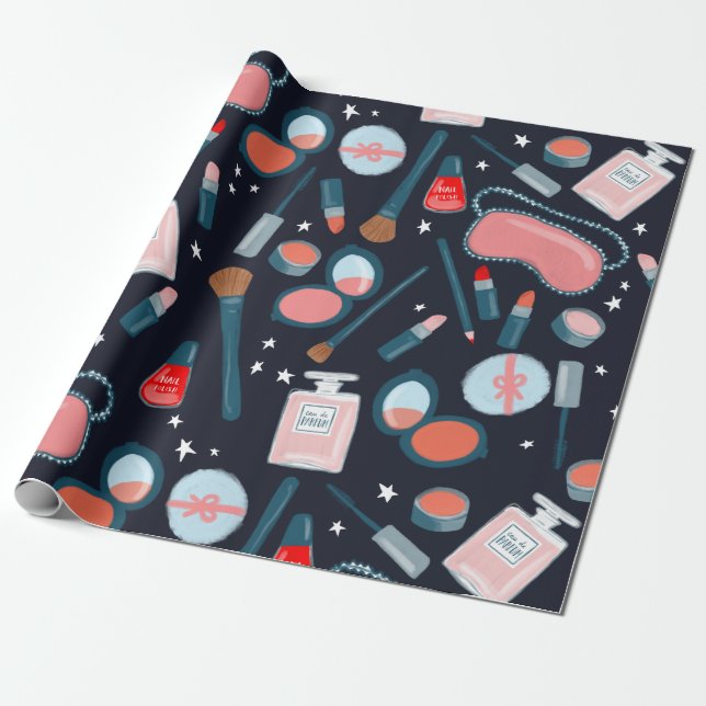 Beauty cosmetics pattern navy gift wrap (Unrolled)