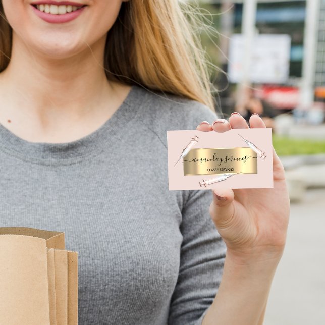 Beauty Cosmetologist Syringe Botox B12 QRCode Rose Business Card (Creator Uploaded)