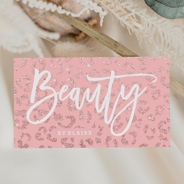 Beauty elegant typography rose gold leopard pink business card (Creator Uploaded)