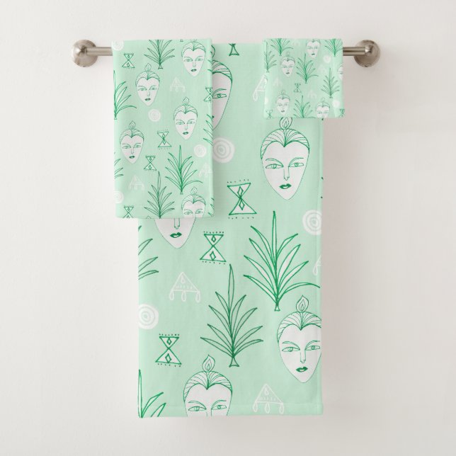 Beauty Faces Botanical Pattern Mint Green Bath Towel Set (Insitu)