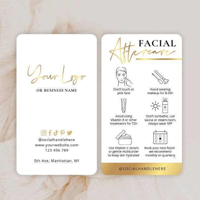 Beauty Facial Aftercare Guide White & Gold Logo Business Card (Creator Uploaded)