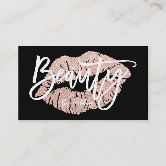 Beauty faux rose gold scissors lips typography business card (Front)