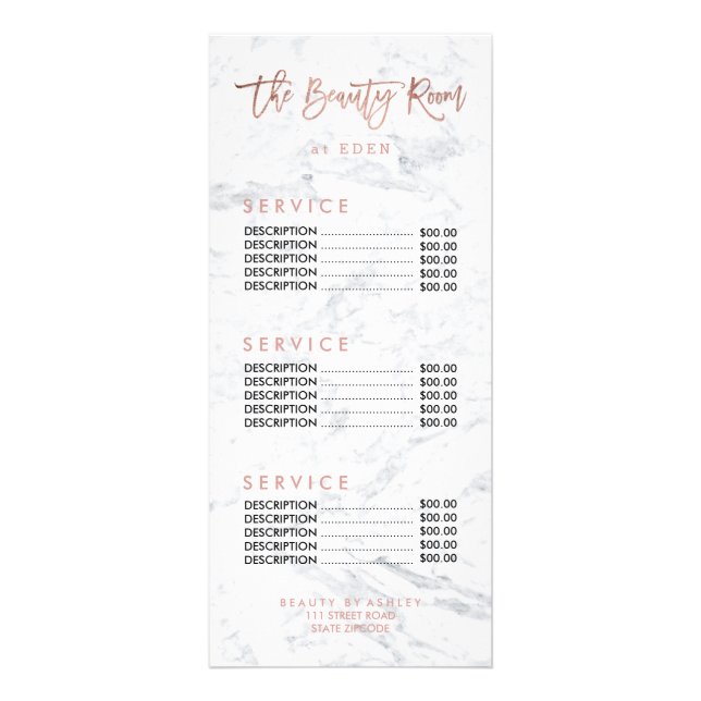 Beauty FAUX rose gold typography marble price list Rack Card (Front)