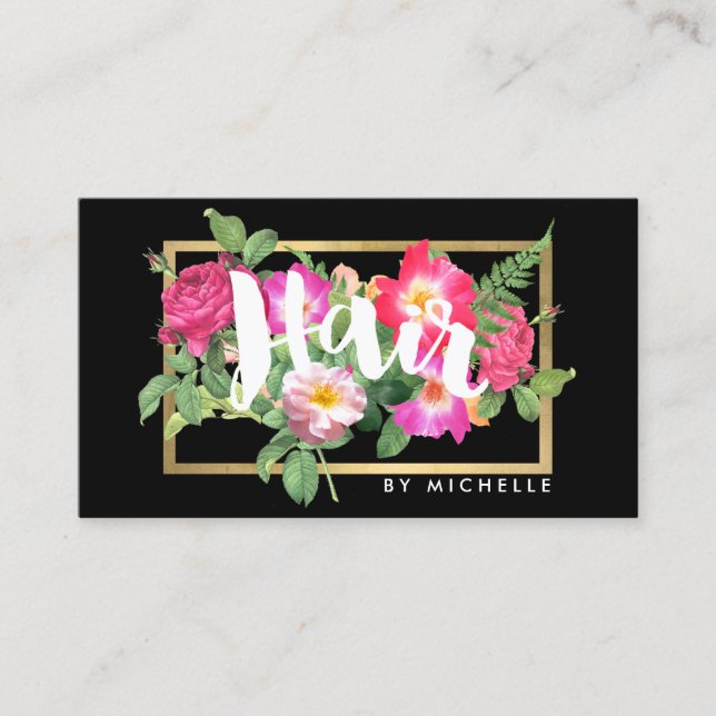 Beauty Florals Hair Stylist Black Business Card (Front)