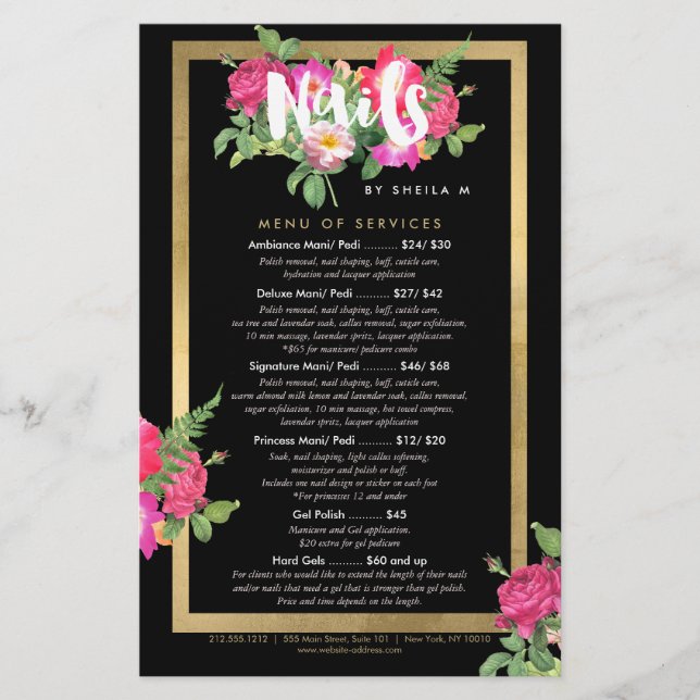 Beauty Florals Nail Salon Price List Service Menu (Front)