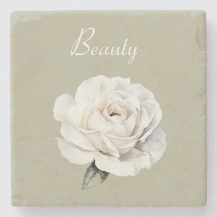 Beauty Green White Rose Flower Stone Coaster