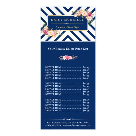 Beauty Hair Salon Floral Navy Stripes Price List Rack Card