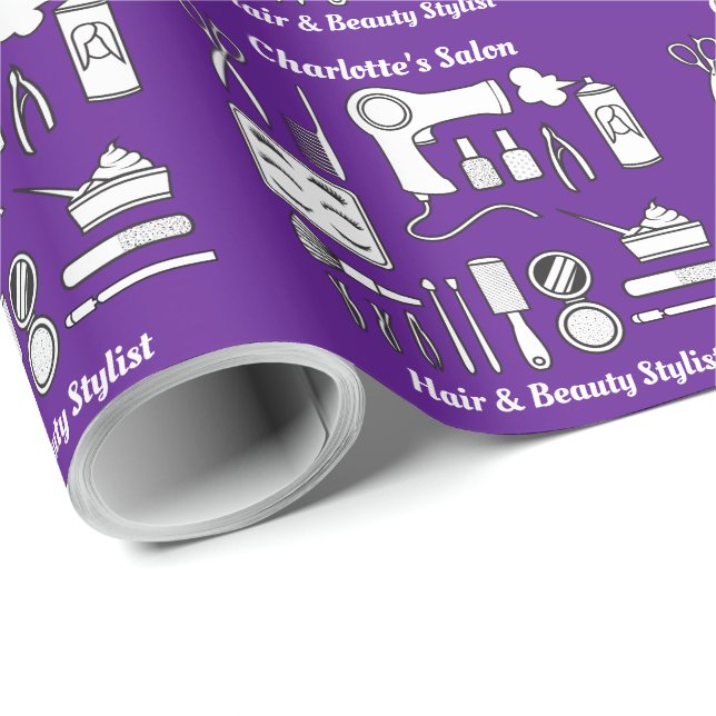 Beauty Hair Salon Tools Cute Purple Personalised Wrapping Paper (Roll Corner)
