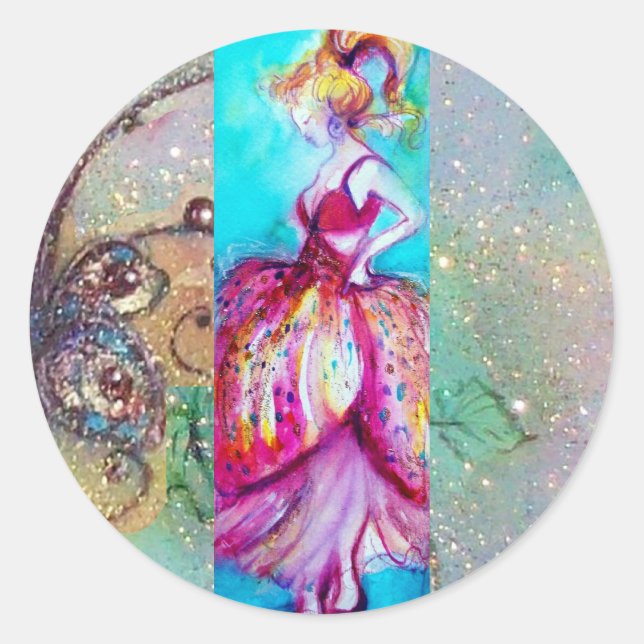 BEAUTY IN PINK DRESS / Magic Butterfly Plant Classic Round Sticker (Front)