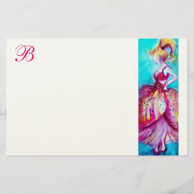 BEAUTY IN PINK DRESS MONOGRAM STATIONERY (Front)