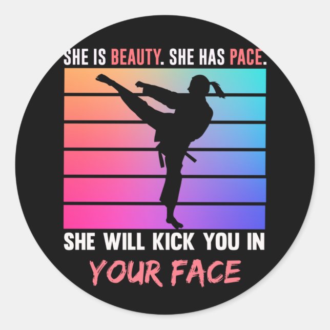 Beauty Karate Girl Kick You Taekwondo Jiu Jitsu Classic Round Sticker (Front)