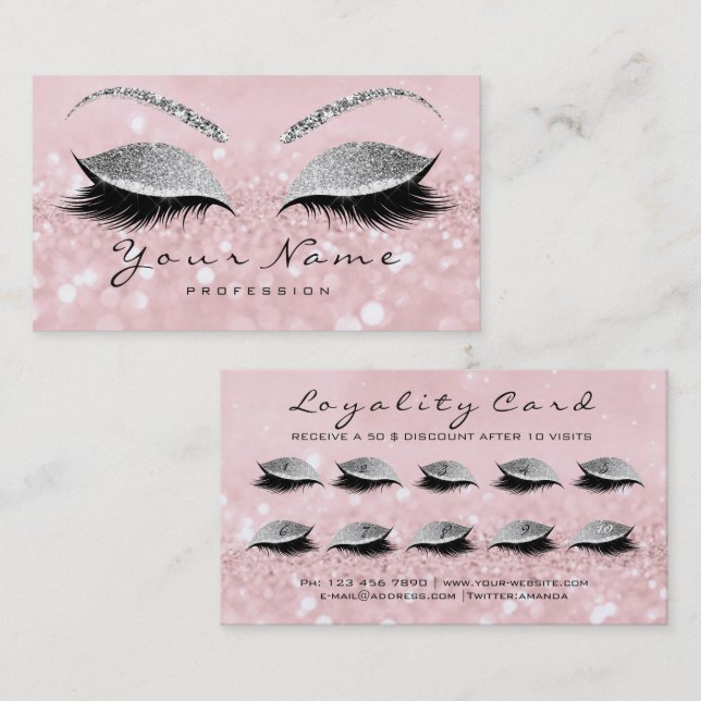 Beauty Loyalty Card 10 Makeup Lashes Silver Pink (Front/Back)