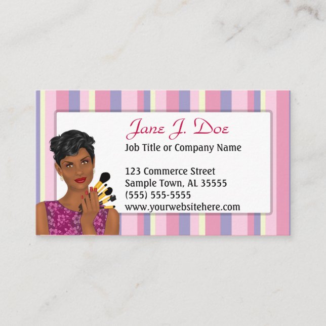 Beauty Makeup Artist Pink Stripe, African American Business Card (Front)