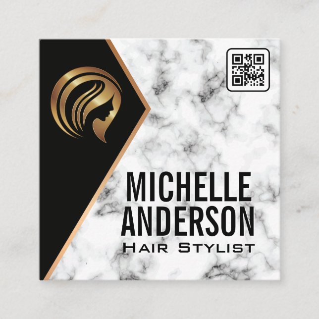 Beauty Metallic Logo | QR Code | Marble Square Bus Square Business Card (Front)