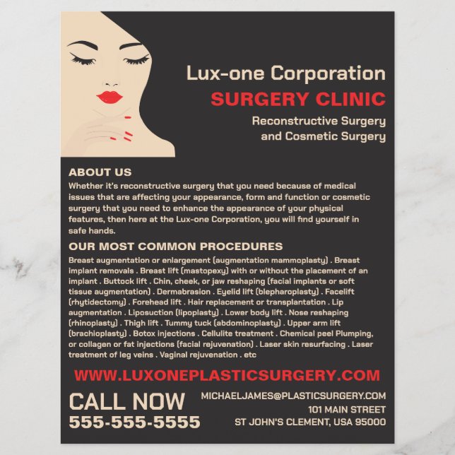 Beauty Model, Plastic Surgeon, Plastic Surgery Flyer (Front)