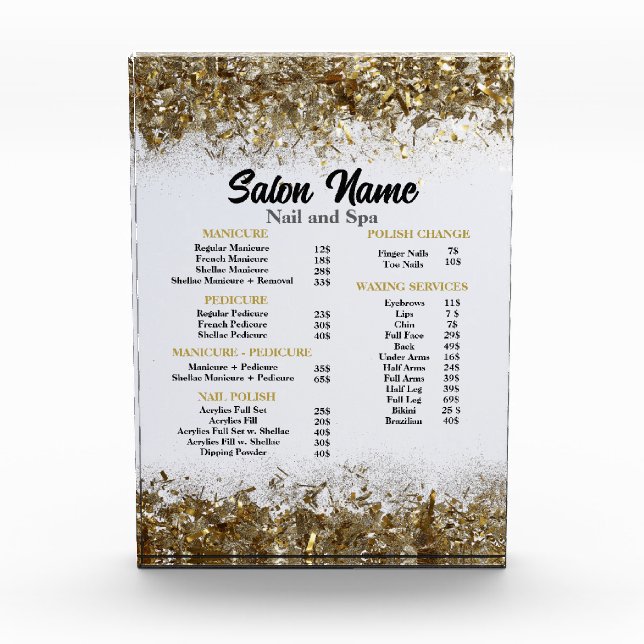 Beauty Nail Salon Price List menu gold confetti Photo Block (Front)