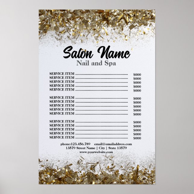 Beauty Nail Salon Price List menu gold confetti Poster (Front)