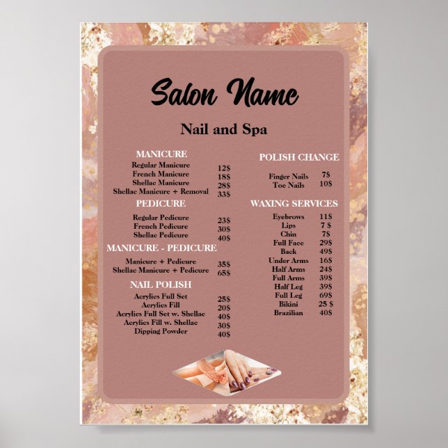 Beauty Nail Salon Price List menu Marble Poster (Front)