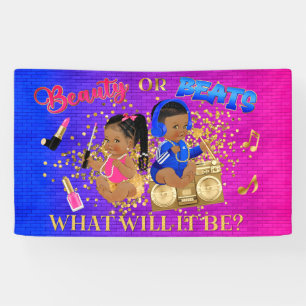Beauty or Beats Blue Hot Pink Gold Gender Reveal Banner