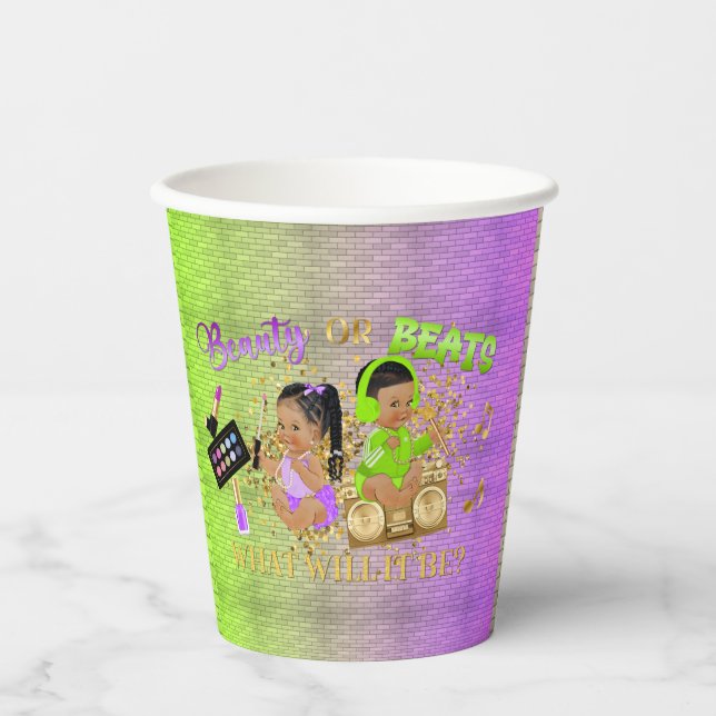 Beauty or Beats Green Purple Gold Gender Reveal  Paper Cups (Front)