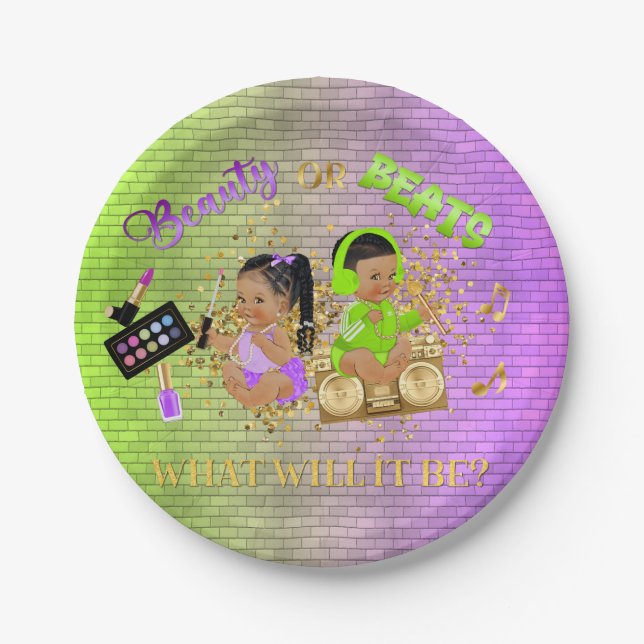 Beauty or Beats Green Purple Gold Gender Reveal Paper Plate (Front)