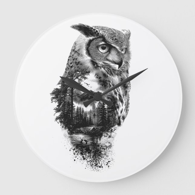 Beauty Owl in the Mountains Large Clock (Front)