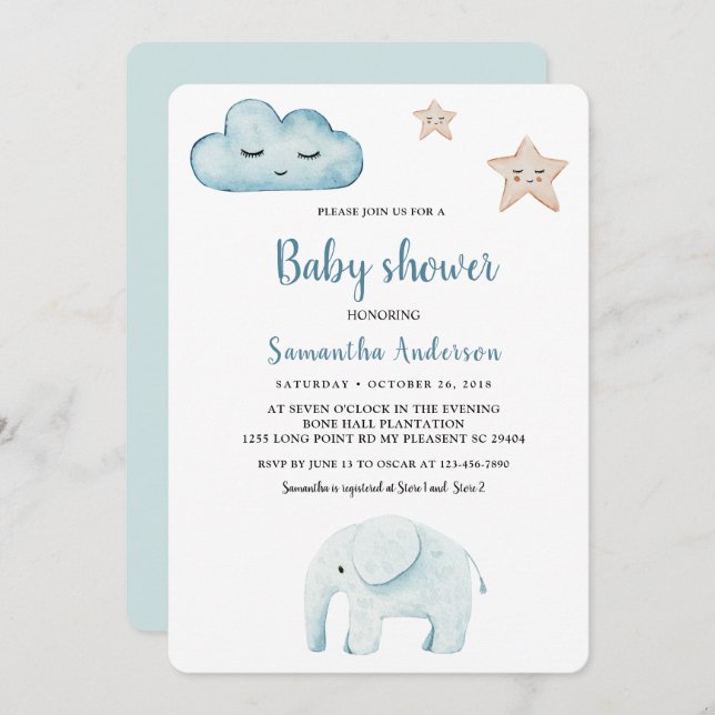 Beauty Pastel Blue Elephant  Invitation (Front/Back)