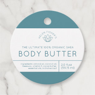 Beauty product ingredients teal white lotus label