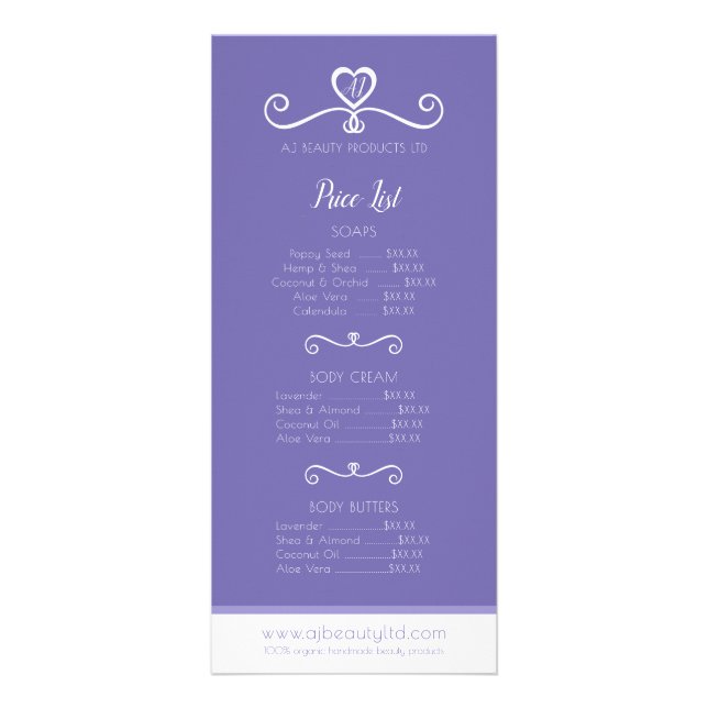 Beauty product price list and ordering leaflet rack card (Front)
