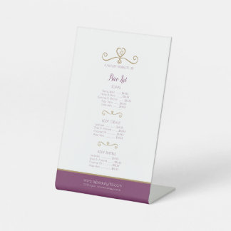 Beauty product price list gold purple red pedestal sign