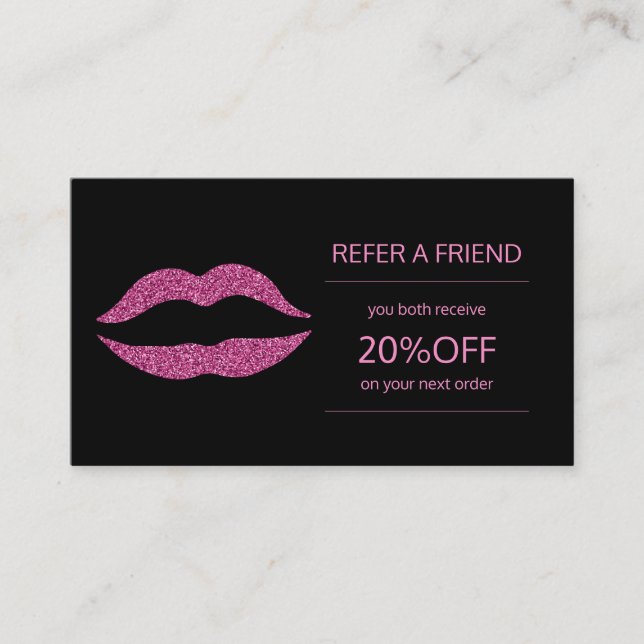 Beauty products distributor pink lips referral card (Front)