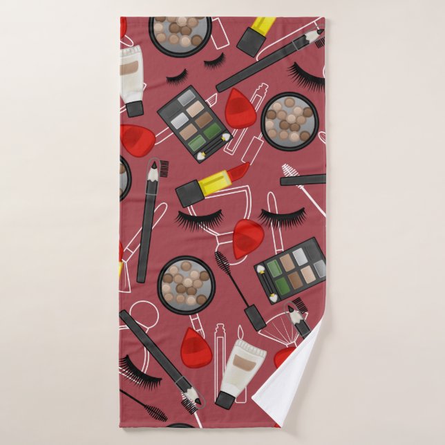 Beauty products pattern on a red backgroundapplica bath towel (Bath Towel)