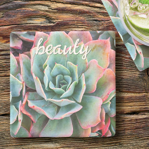 “Beauty” Quote Mint Green Cactus Close-up Phot Stone Coaster