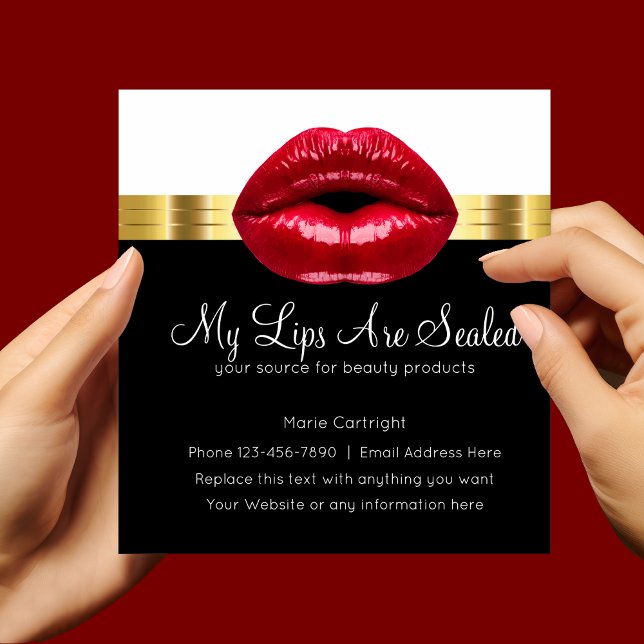 Beauty Red Lips Classy Gold Foil Look Square Business Card (Creator Uploaded)