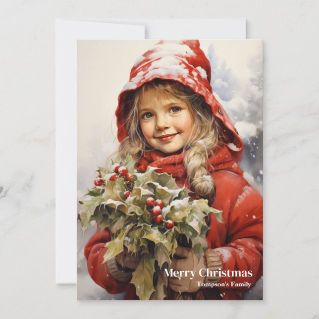 Beauty retro girl with holly berry holiday card (Front)