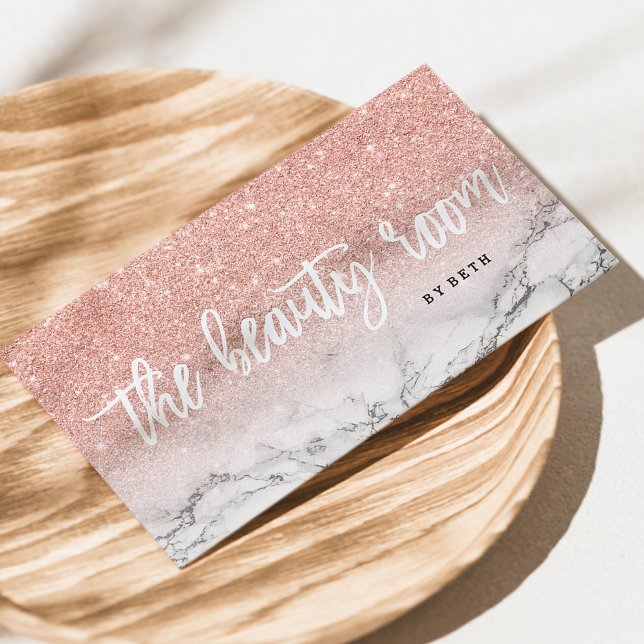 Beauty room typography rose gold glitter marble business card (Creator Uploaded)