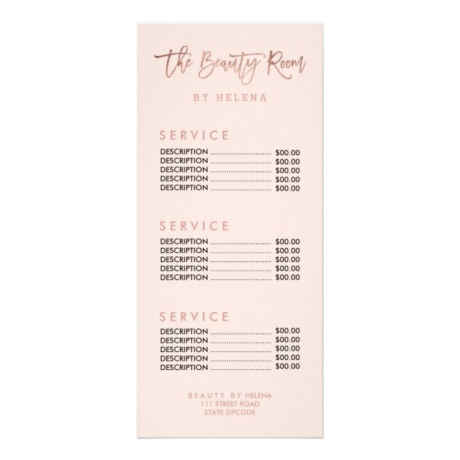 Beauty rose gold typography blush pink price list rack card (Front)