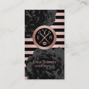 Beauty Salon Black Floral Modern Rose Gold Stripes Business Card
