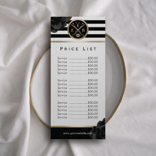 Beauty Salon Black Floral Modern Stripe Price List Rack Card