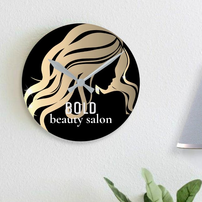 Beauty Salon Business Name Metallic Gold + Black Round Clock (Creator Uploaded)