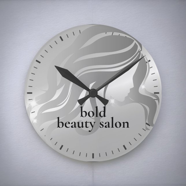 Beauty Salon Custom Name Platinum Silver Metallic Round Clock (Creator Uploaded)