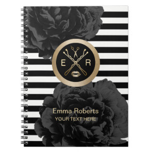 Beauty Salon Elegant Black Floral Modern Stripes Notebook