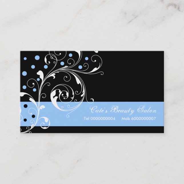 Beauty Salon floral scroll leaf black blue Business Card (Front)