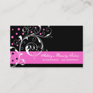 Beauty Salon floral scroll leaf black, hot pink Business Card